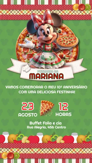 Convite Aniversário Pizzaria da Minnie Mouse para Editar Online