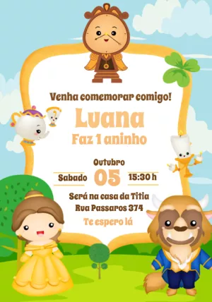 Convite Aniversário Infantil A Bela e a Fera para Editar Online