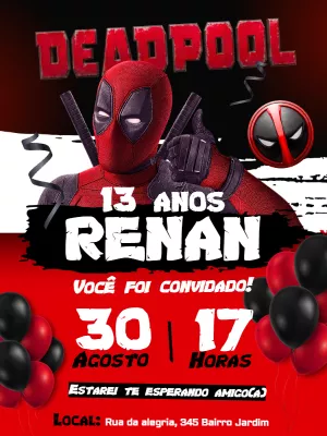Convite de Aniversário Deadpool Editável Online para Imprimir