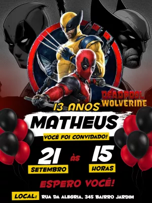 Convite de Aniversário Deadpool e Wolverine para Editar Online