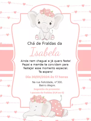Convite Chá de Fraldas Elefantinha Rosa para Editar Online