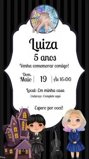 Convite Aniversário Wandinha Addams com Personagens para Editar
