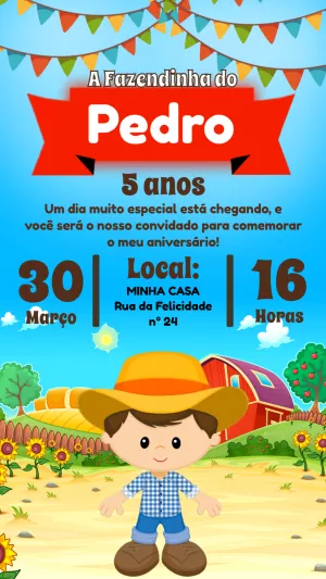 Convite Aniversário Fazendinha Menino para Editar Online