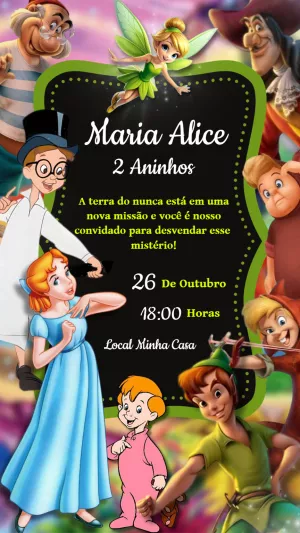 Convite de Aniversário Peter Pan e Sininho para Editar Online
