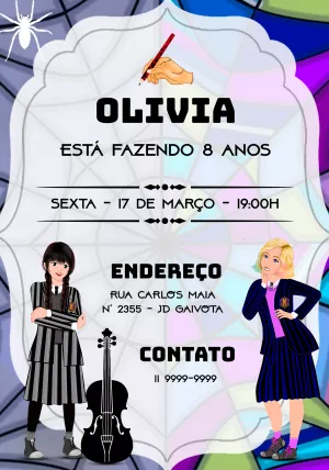 Convite Aniversário Wandinha Addams com Personagens para Editar