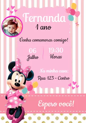 Convite Minnie Rosa com Foto para Aniversário para Editar