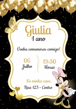 Convite Aniversário Minnie Dourada para Editar Online