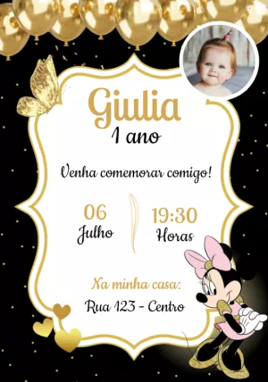Convite Aniversário Minnie Dourada com Foto para Editar Online