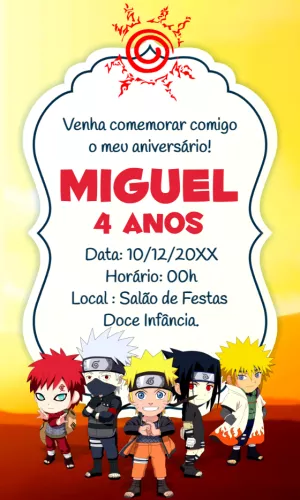 Convite de Aniversário Naruto com Personagens para Editar
