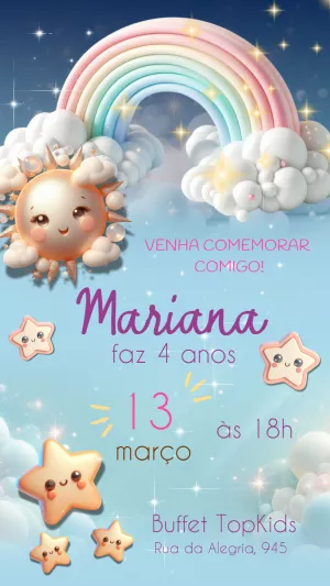 Convite Aniversário Raio de Sol e Arco-íris para Editar