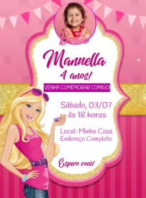Convite Aniversário Barbie com Foto para Editar Online