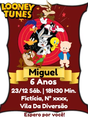 Convite de Aniversário Looney Tunes para Editar Online