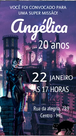 Convite de Aniversário Mulher Gato para Editar Online