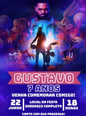 Convite Aniversário Space Jam com Personagens para Editar Online