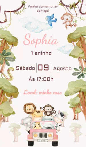 Convite de Aniversário Safari Rosa com Animais para Editar Online