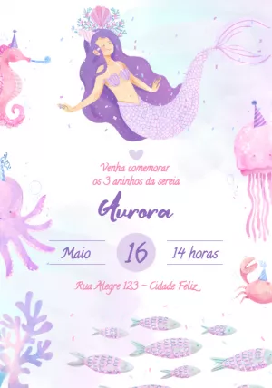 Convite de Aniversário Sereia Fundo do Mar para Editar Online
