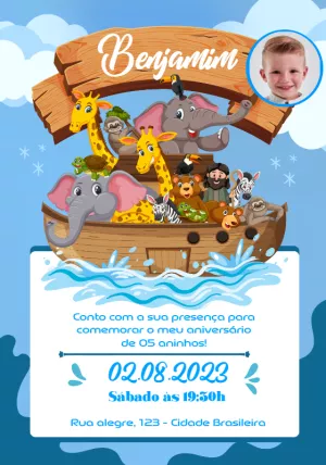 Convite Aniversário Arca de Noé com Foto para Editar Online