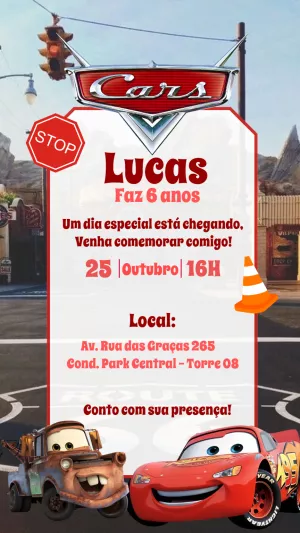 Convite de Aniversário Carros para Editar e Personalizar