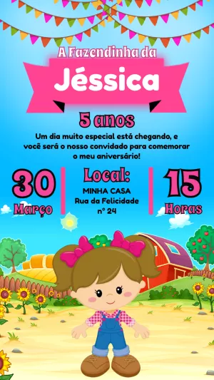 Convite Aniversário Fazendinha Menina para Editar Online