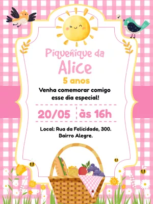 Convite de Aniversário Piquenique Rosa para Editar Online