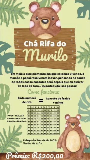 Convite Chá Rifa Ursinho Fofo para Editar Online e Enviar