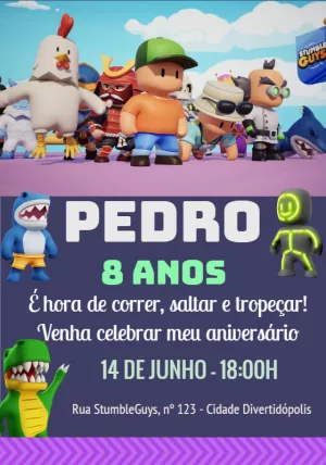 Convite de Aniversário Stumble Guys com Personagens para Editar