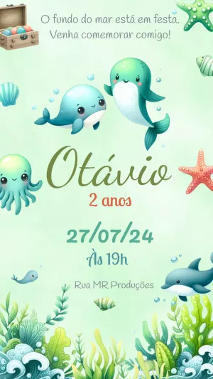 Convite Aniversário Fundo do Mar com Animais para Editar Online