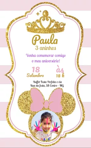 Convite Aniversário Minnie Princesa com Foto para Editar Online