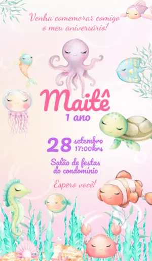 Convite Aniversário Fundo do Mar com Animais para Editar Online