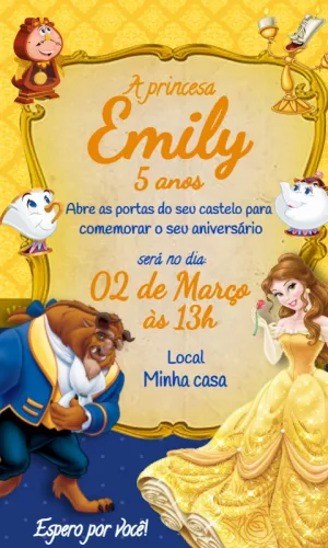Convite Aniversário A Bela e a Fera no Castelo para Editar
