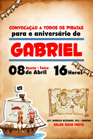 Convite de Aniversário Pirata com Mapa do Tesouro para Editar