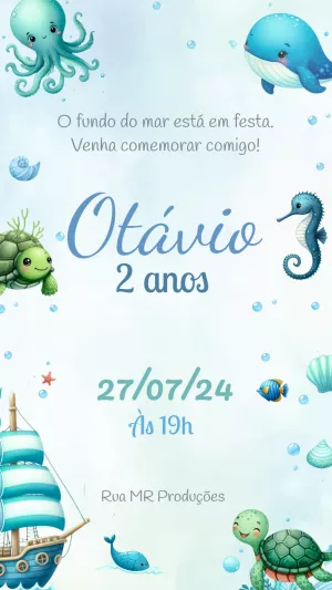 Convite Aniversário Fundo do Mar com Animais para Editar