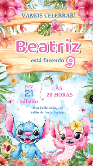 Convite Aniversário Lilo e Stitch Aquarela para Editar Online