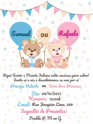 Convite Chá Revelação Ursinhos Príncipe e Princesa para Editar