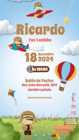 Convite Aniversário Menino Aviador para Editar Online