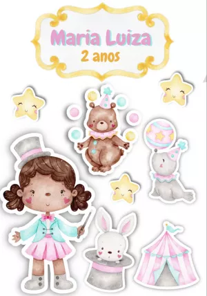 Topo de Bolo Circo Aquarela para Editar e Imprimir