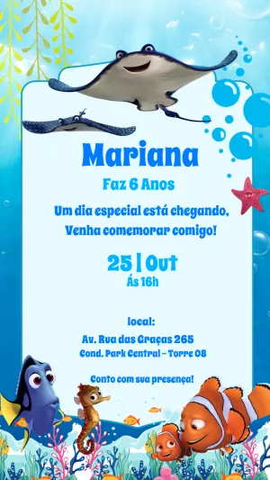 Convite de Aniversário Procurando Nemo e Dory para Editar Online