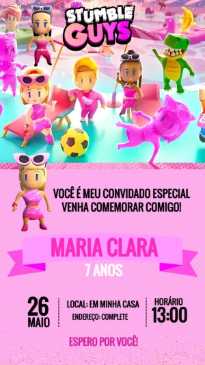 Convite de Aniversário Stumble Guys Rosa para Editar Online