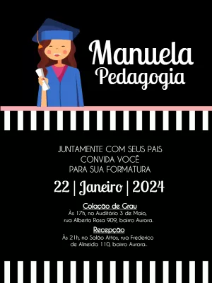 Convite de Formatura Feminino com Ilustração para Editar Online