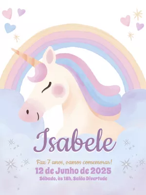 Convite Aniversário Unicórnio Aquarela para Editar Online