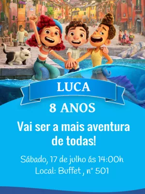 Convite de Aniversário Luca para Editar Online com Personagens
