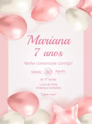 Convite de Aniversário com Balões Rosa e Branco para Editar Online