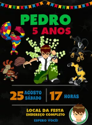 Convite de Aniversário Ben 10 com Aliens para Editar Online