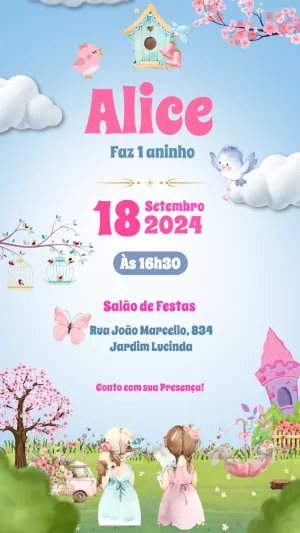 Convite Aniversário Jardim Encantado com Passarinhos para Editar