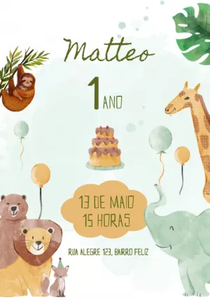 Convite de Aniversário Safari com Animais para Editar Online