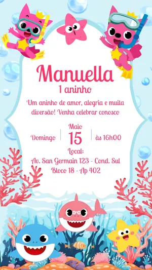 Convite de Aniversário Baby Shark com Personagens para Editar