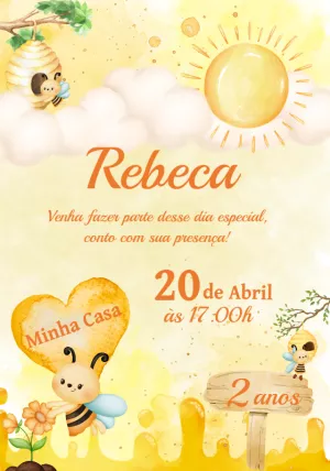 Convite Aniversário Abelhinha Aquarela para Editar Online