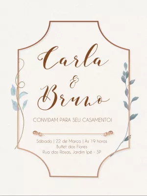 Convite de Casamento Floral com Moldura Rosé para Editar