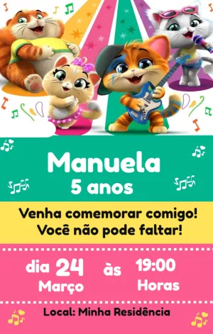 Convite de Aniversário 44 Gatos para Editar e Imprimir