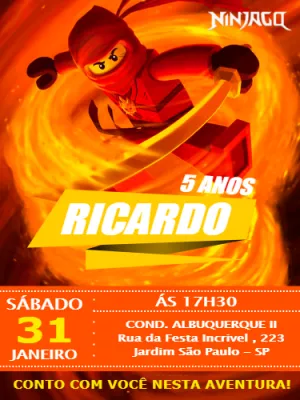 Convite de Aniversário Tema NinjaGo para Editar e Personalizar